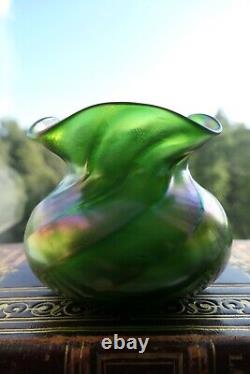 1900's Art Nouveau green iridescent antique glass vase, Bohemia