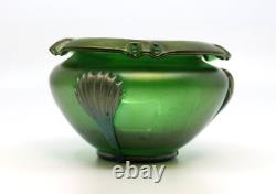 1900's antique Art Nouveau green iridescent decorated glass vase