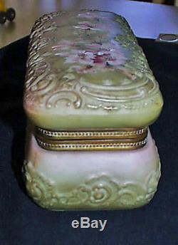 1900s Art Nouveau Monroe Nakara Wavecrest HP Satin Green Opal Ware Glove Box