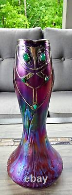 1902 Poschinger Amethyst Silver Overlay Green Cabochon Iridescent Art Glass Vase