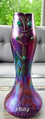 1902 Poschinger Amethyst Silver Overlay Green Cabochon Iridescent Art Glass Vase