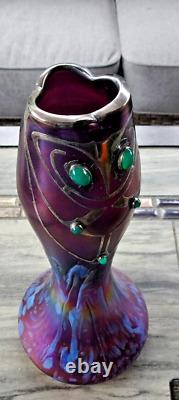 1902 Poschinger Amethyst Silver Overlay Green Cabochon Iridescent Art Glass Vase