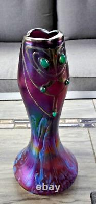 1902 Poschinger Amethyst Silver Overlay Green Cabochon Iridescent Art Glass Vase