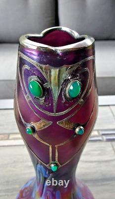 1902 Poschinger Amethyst Silver Overlay Green Cabochon Iridescent Art Glass Vase