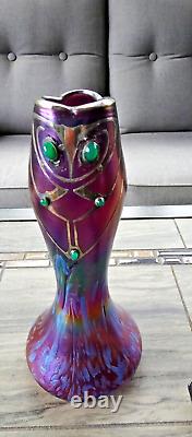 1902 Poschinger Amethyst Silver Overlay Green Cabochon Iridescent Art Glass Vase