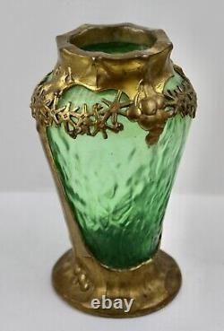 1905 Friedrich Adler for Loetz Art Nouveau gilt pewter mounted green glass vase
