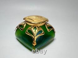 1910 Art Nouveau Loetz Art Iridescent Green Glass Inkwell Ormolu Gold Collar Lid