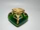 1910 Art Nouveau Loetz Art Iridescent Green Glass Inkwell Ormolu Gold Collar Lid