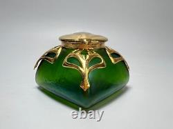 1910 Art Nouveau Loetz Art Iridescent Green Glass Inkwell Ormolu Gold Collar Lid