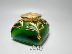 1910 Art Nouveau Loetz Art Iridescent Green Glass Inkwell Ormolu Gold Collar Lid