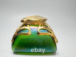 1910 Art Nouveau Loetz Art Iridescent Green Glass Inkwell Ormolu Gold Collar Lid