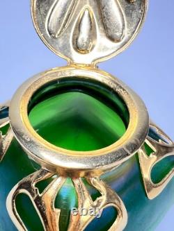 1910 Art Nouveau Loetz Art Iridescent Green Glass Inkwell Ormolu Gold Collar Lid