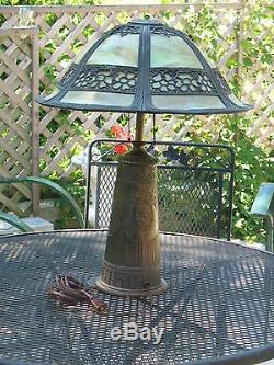 1910 Arts Crafts Extra Large Antique Green Slag Glass Table Lamp Fancy Base