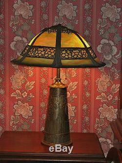 1910 Arts Crafts Extra Large Antique Green Slag Glass Table Lamp Fancy Base