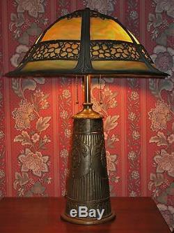 1910 Arts Crafts Extra Large Antique Green Slag Glass Table Lamp Fancy Base