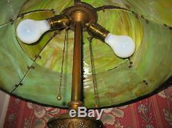 1910 Arts Crafts Extra Large Antique Green Slag Glass Table Lamp Fancy Base