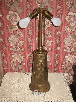 1910 Arts Crafts Extra Large Antique Green Slag Glass Table Lamp Fancy Base