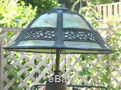 1910 Arts Crafts Extra Large Antique Green Slag Glass Table Lamp Fancy Base