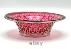 1918 English George V Silver Cranberry Glass Bonbon Dish Bowl Art Nouveau