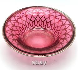 1918 English George V Silver Cranberry Glass Bonbon Dish Bowl Art Nouveau