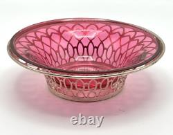 1918 English George V Silver Cranberry Glass Bonbon Dish Bowl Art Nouveau
