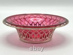 1918 English George V Silver Cranberry Glass Bonbon Dish Bowl Art Nouveau