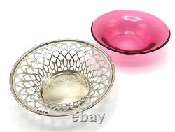 1918 English George V Silver Cranberry Glass Bonbon Dish Bowl Art Nouveau