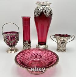 1918 English George V Silver Cranberry Glass Bonbon Dish Bowl Art Nouveau