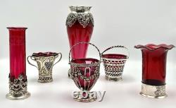 1918 English George V Silver Cranberry Glass Bonbon Dish Bowl Art Nouveau