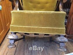 1920's Carved Oak Frame Armchair With Green Velvet Upholstery