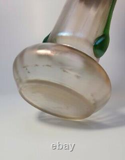 1920s Kralik Bronze Eagle Iridescent Bohemian Glass Vase Applied Green Stripes