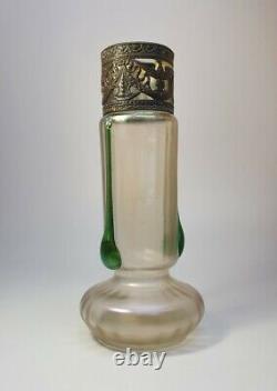 1920s Kralik Bronze Eagle Iridescent Bohemian Glass Vase Applied Green Stripes