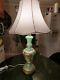 1930s Satin Green Glass Hand Painted Gold Guilted Table Lamp