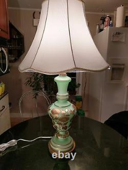 1930s Satin Green Glass Hand Painted Gold Guilted Table Lamp