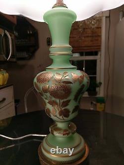 1930s Satin Green Glass Hand Painted Gold Guilted Table Lamp