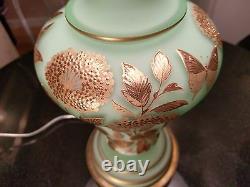 1930s Satin Green Glass Hand Painted Gold Guilted Table Lamp