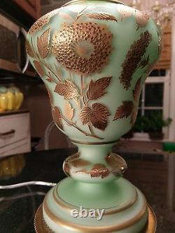 1930s Satin Green Glass Hand Painted Gold Guilted Table Lamp