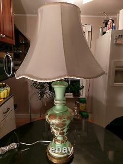 1930s Satin Green Glass Hand Painted Gold Guilted Table Lamp