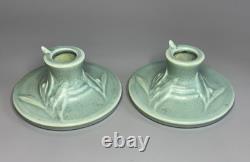 1939 Roseville Crystal Green Velmoss II Pottery Candle Holders 1138 Art Nouveau
