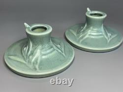 1939 Roseville Crystal Green Velmoss II Pottery Candle Holders 1138 Art Nouveau