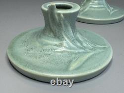 1939 Roseville Crystal Green Velmoss II Pottery Candle Holders 1138 Art Nouveau