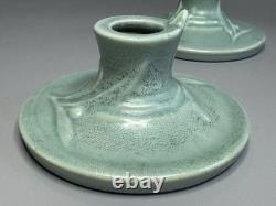 1939 Roseville Crystal Green Velmoss II Pottery Candle Holders 1138 Art Nouveau
