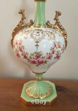 19thC Wedgwood China Vase & Cover Hand Painted Roses Green Gilt Swags Z3536