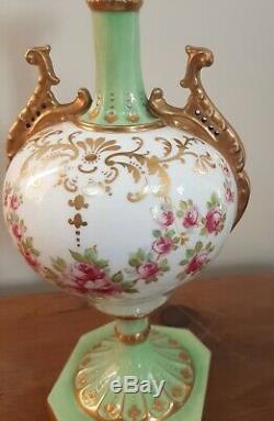 19thC Wedgwood China Vase & Cover Hand Painted Roses Green Gilt Swags Z3536