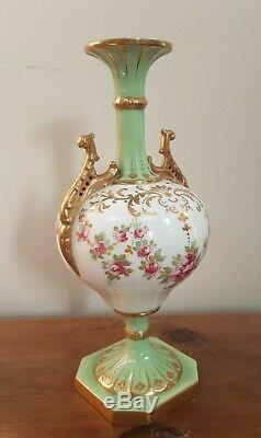 19thC Wedgwood China Vase & Cover Hand Painted Roses Green Gilt Swags Z3536