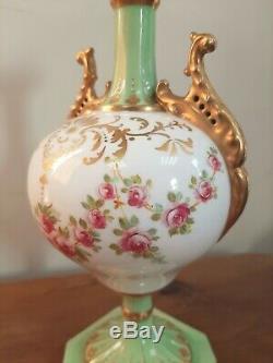 19thC Wedgwood China Vase & Cover Hand Painted Roses Green Gilt Swags Z3536