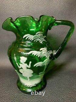 19th Century Victorian Mary Gregory Hand Blown Enamel Decoration Glass Pitcher
