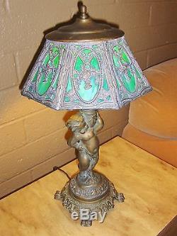21 Antique Art Nouveau Green & White Slag glass Cast metal Lamp