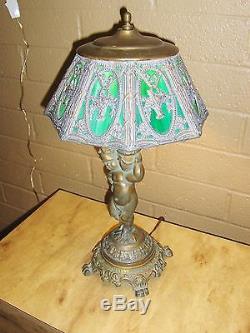 21 Antique Art Nouveau Green & White Slag glass Cast metal Lamp