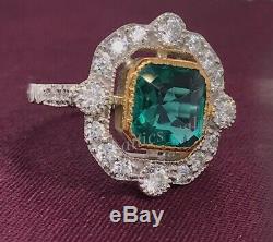 2.12Ct Asscher Green Diamond Halo Art Deco Vintage Engagement Ring 14K Gold Over